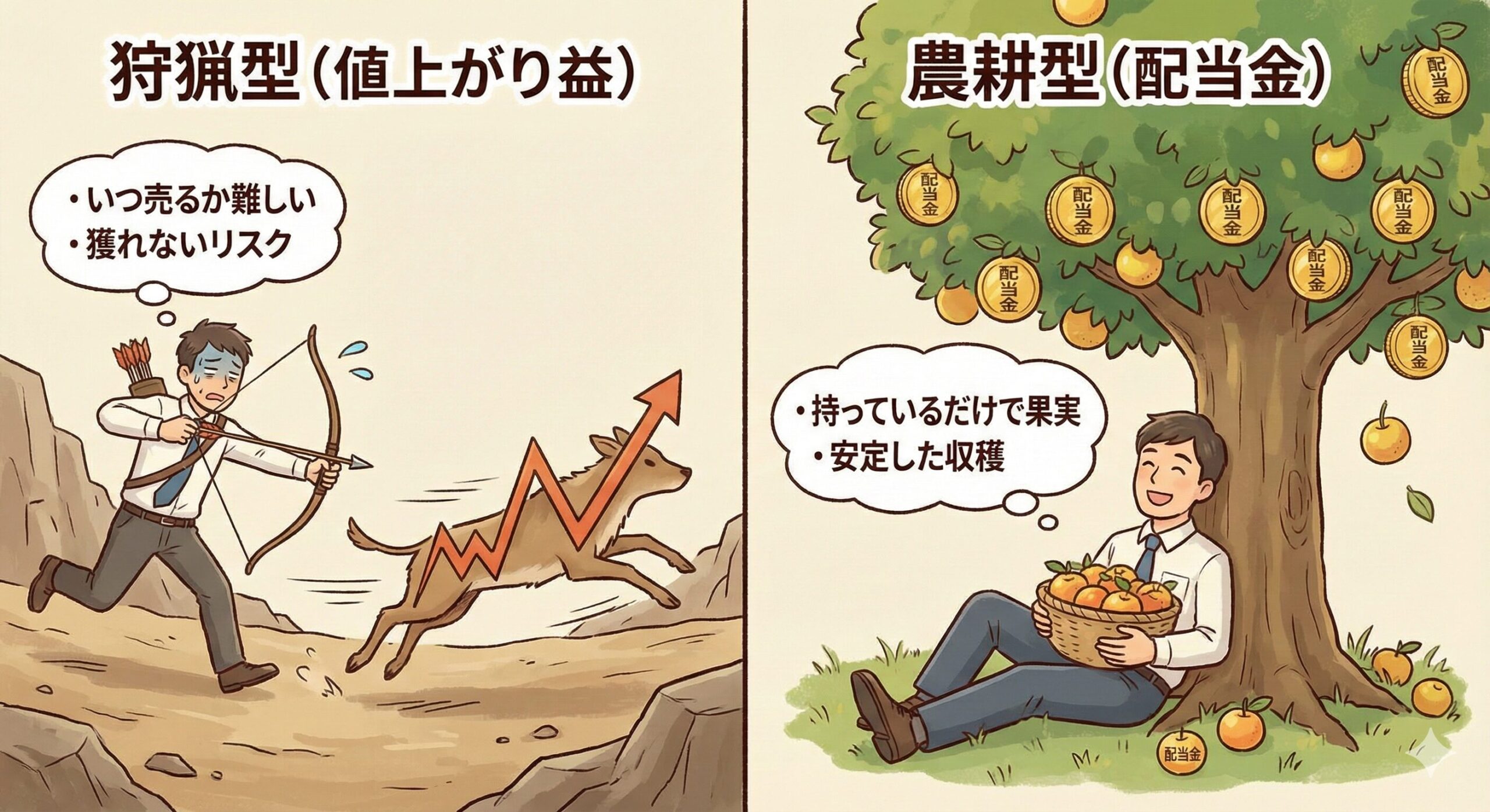 【狩猟型（値上がり益）と農耕型（配当金）の違い】