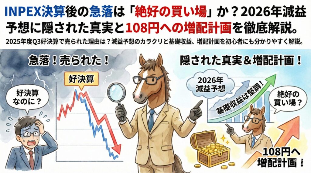 INPEX決算後の急落は「絶好の買い場」か？2026年減益予想に隠された真実と108円への増配計画を徹底解説。